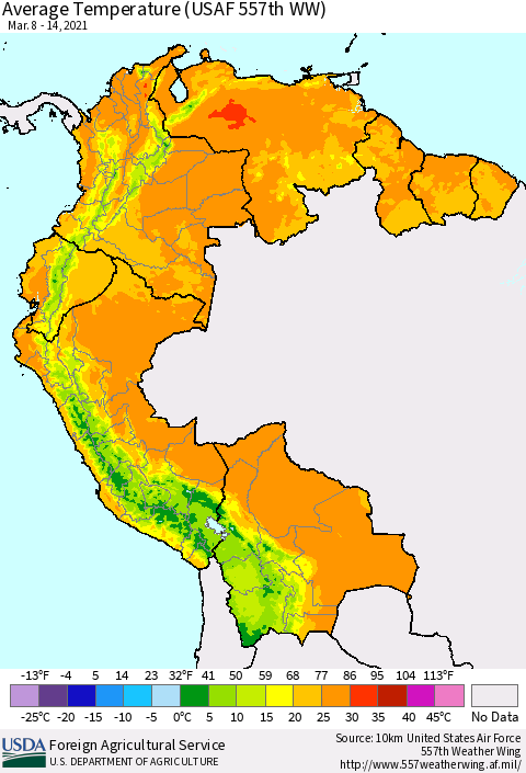 Northern South America Average Temperature (USAF 557th WW) Thematic Map For 3/8/2021 - 3/14/2021