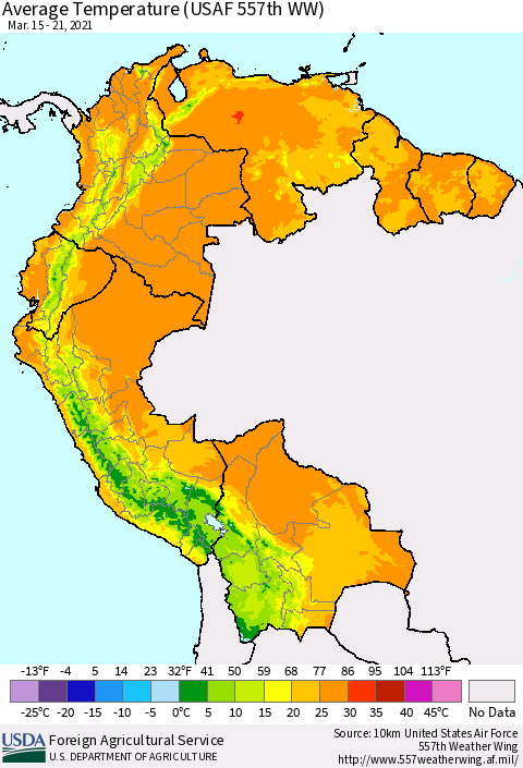 Northern South America Average Temperature (USAF 557th WW) Thematic Map For 3/15/2021 - 3/21/2021