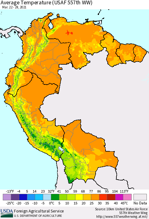 Northern South America Average Temperature (USAF 557th WW) Thematic Map For 3/22/2021 - 3/28/2021