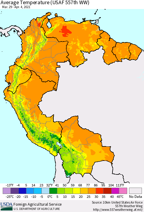 Northern South America Average Temperature (USAF 557th WW) Thematic Map For 3/29/2021 - 4/4/2021
