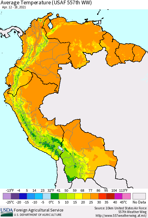 Northern South America Average Temperature (USAF 557th WW) Thematic Map For 4/12/2021 - 4/18/2021