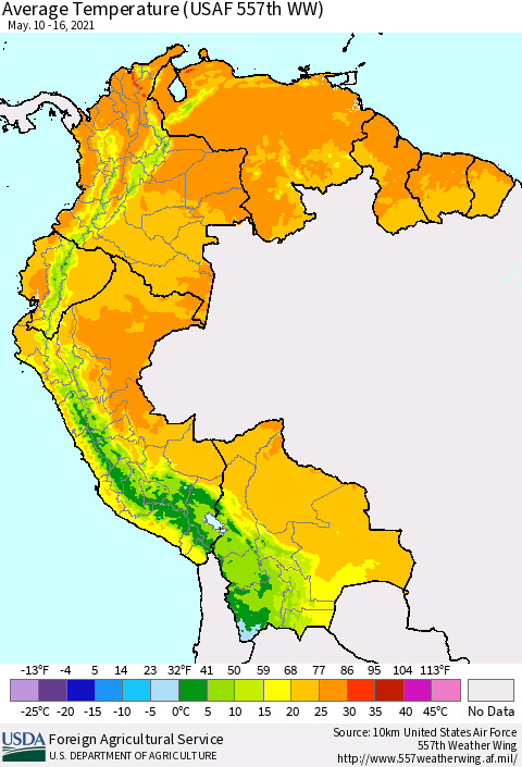 Northern South America Average Temperature (USAF 557th WW) Thematic Map For 5/10/2021 - 5/16/2021