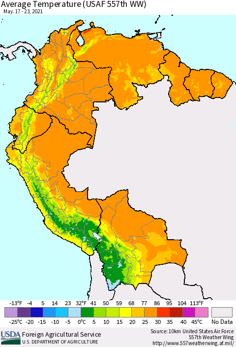 Northern South America Average Temperature (USAF 557th WW) Thematic Map For 5/17/2021 - 5/23/2021