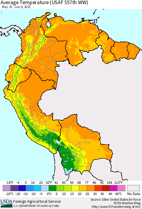 Northern South America Average Temperature (USAF 557th WW) Thematic Map For 5/31/2021 - 6/6/2021