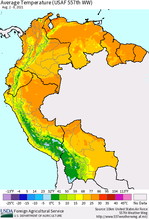 Northern South America Average Temperature (USAF 557th WW) Thematic Map For 8/2/2021 - 8/8/2021