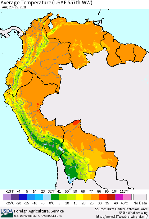 Northern South America Average Temperature (USAF 557th WW) Thematic Map For 8/23/2021 - 8/29/2021