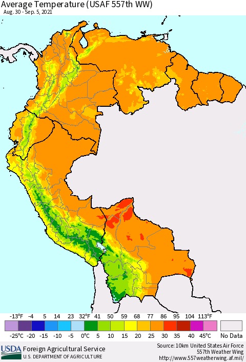 Northern South America Average Temperature (USAF 557th WW) Thematic Map For 8/30/2021 - 9/5/2021