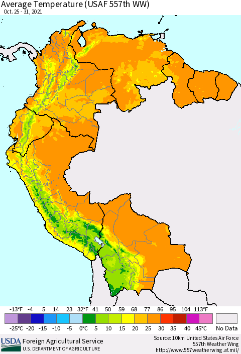Northern South America Average Temperature (USAF 557th WW) Thematic Map For 10/25/2021 - 10/31/2021