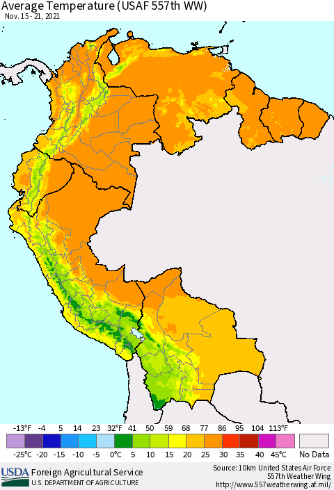 Northern South America Average Temperature (USAF 557th WW) Thematic Map For 11/15/2021 - 11/21/2021