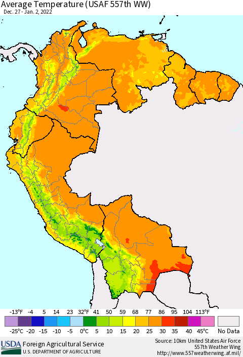 Northern South America Average Temperature (USAF 557th WW) Thematic Map For 12/27/2021 - 1/2/2022