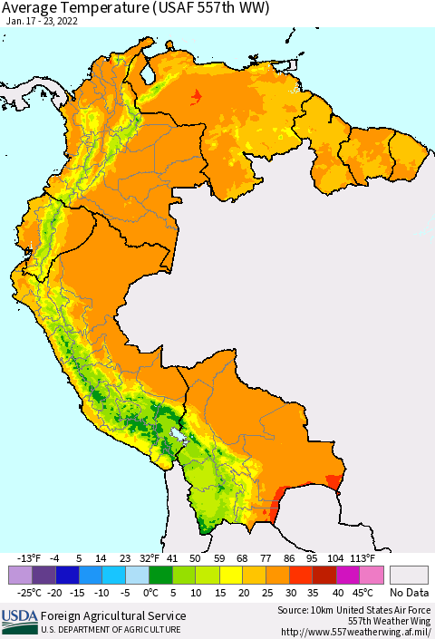 Northern South America Average Temperature (USAF 557th WW) Thematic Map For 1/17/2022 - 1/23/2022