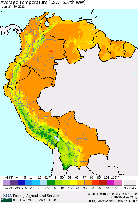 Northern South America Average Temperature (USAF 557th WW) Thematic Map For 1/24/2022 - 1/30/2022
