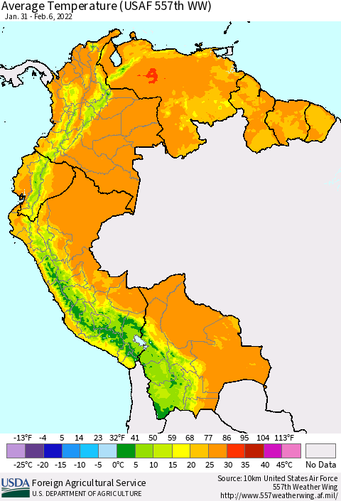 Northern South America Average Temperature (USAF 557th WW) Thematic Map For 1/31/2022 - 2/6/2022