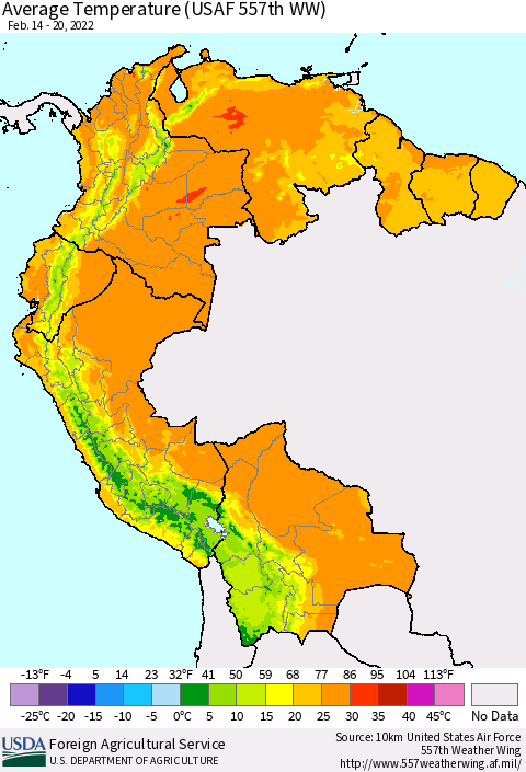 Northern South America Average Temperature (USAF 557th WW) Thematic Map For 2/14/2022 - 2/20/2022