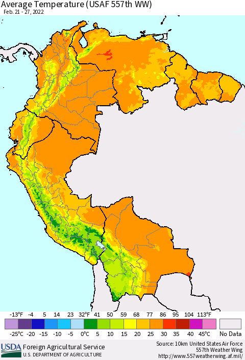Northern South America Average Temperature (USAF 557th WW) Thematic Map For 2/21/2022 - 2/27/2022