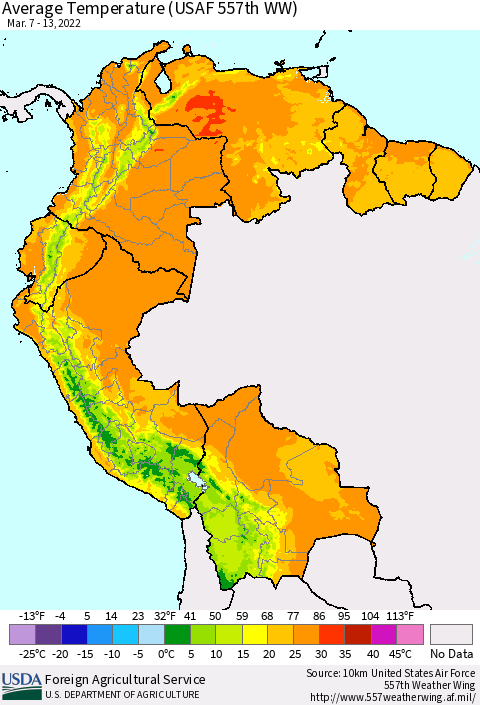 Northern South America Average Temperature (USAF 557th WW) Thematic Map For 3/7/2022 - 3/13/2022