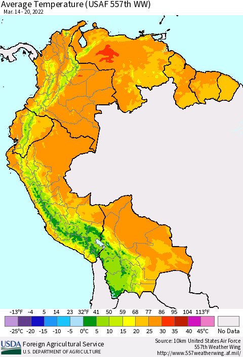 Northern South America Average Temperature (USAF 557th WW) Thematic Map For 3/14/2022 - 3/20/2022