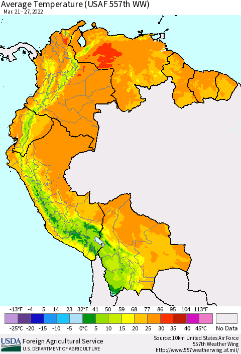 Northern South America Average Temperature (USAF 557th WW) Thematic Map For 3/21/2022 - 3/27/2022