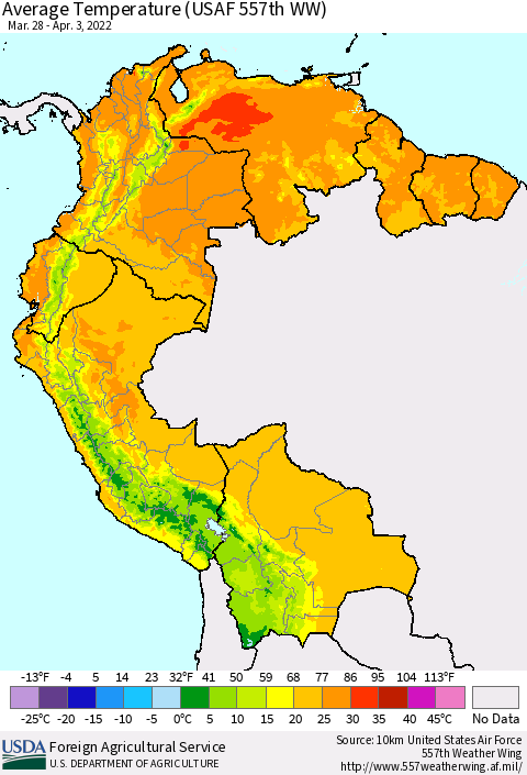 Northern South America Average Temperature (USAF 557th WW) Thematic Map For 3/28/2022 - 4/3/2022