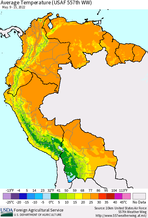 Northern South America Average Temperature (USAF 557th WW) Thematic Map For 5/9/2022 - 5/15/2022