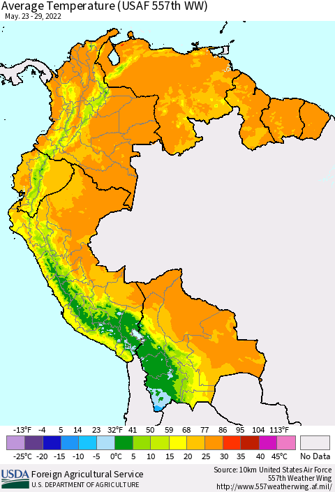 Northern South America Average Temperature (USAF 557th WW) Thematic Map For 5/23/2022 - 5/29/2022