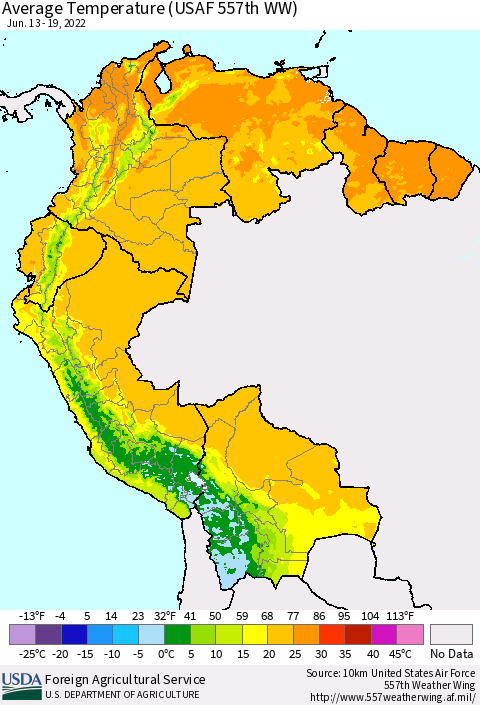 Northern South America Average Temperature (USAF 557th WW) Thematic Map For 6/13/2022 - 6/19/2022