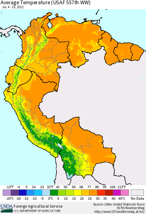 Northern South America Average Temperature (USAF 557th WW) Thematic Map For 7/4/2022 - 7/10/2022