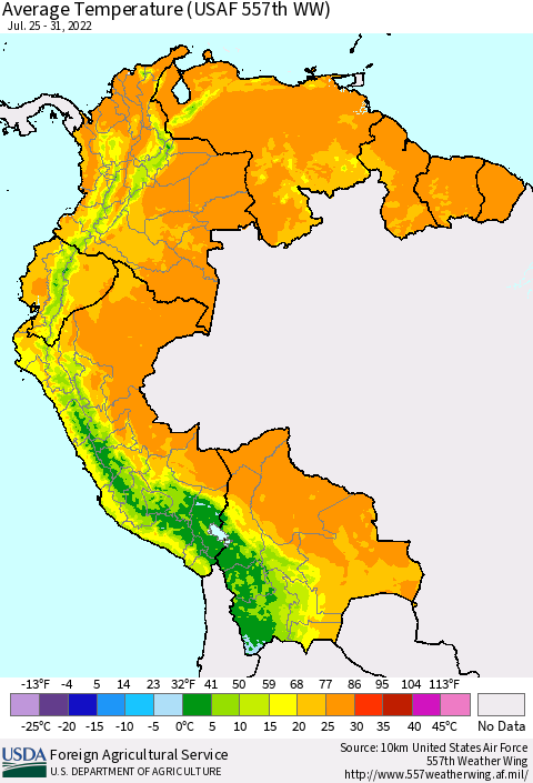 Northern South America Average Temperature (USAF 557th WW) Thematic Map For 7/25/2022 - 7/31/2022