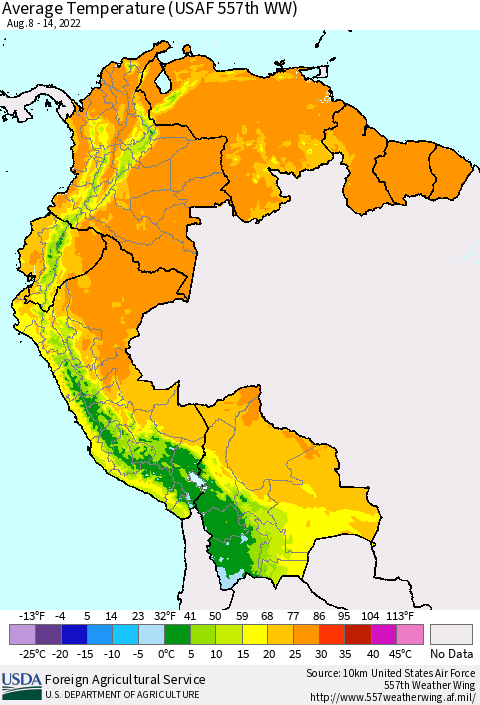 Northern South America Average Temperature (USAF 557th WW) Thematic Map For 8/8/2022 - 8/14/2022