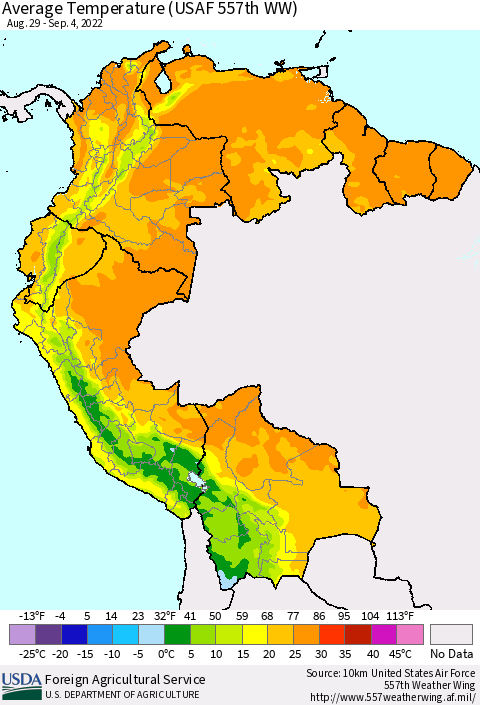 Northern South America Average Temperature (USAF 557th WW) Thematic Map For 8/29/2022 - 9/4/2022