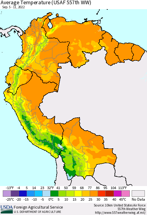 Northern South America Average Temperature (USAF 557th WW) Thematic Map For 9/5/2022 - 9/11/2022
