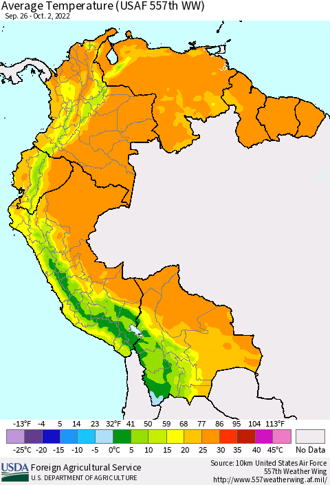 Northern South America Average Temperature (USAF 557th WW) Thematic Map For 9/26/2022 - 10/2/2022