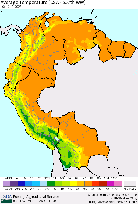 Northern South America Average Temperature (USAF 557th WW) Thematic Map For 10/3/2022 - 10/9/2022