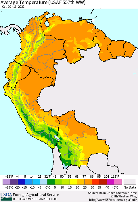 Northern South America Average Temperature (USAF 557th WW) Thematic Map For 10/10/2022 - 10/16/2022