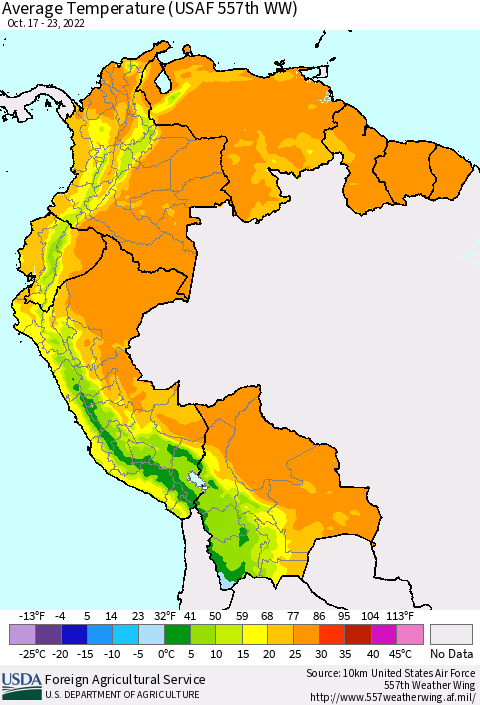 Northern South America Average Temperature (USAF 557th WW) Thematic Map For 10/17/2022 - 10/23/2022