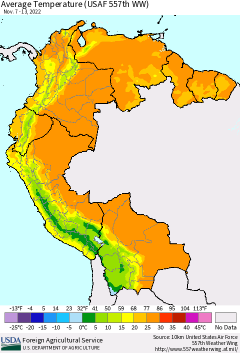 Northern South America Average Temperature (USAF 557th WW) Thematic Map For 11/7/2022 - 11/13/2022