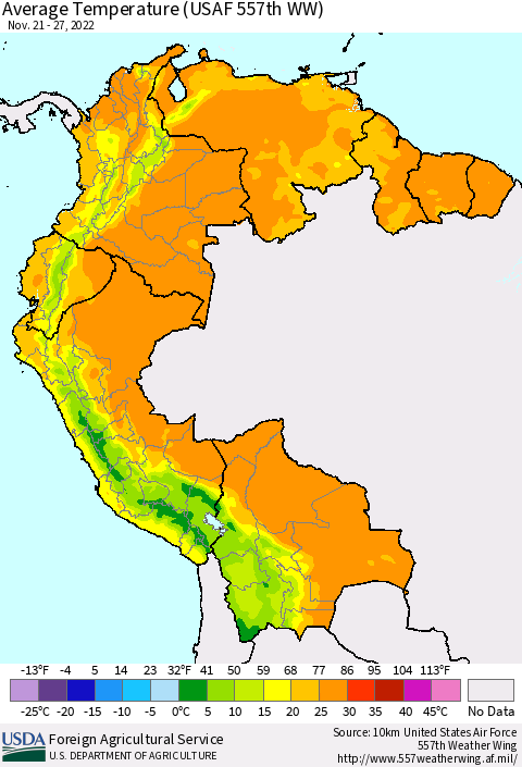 Northern South America Average Temperature (USAF 557th WW) Thematic Map For 11/21/2022 - 11/27/2022