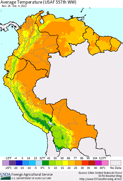 Northern South America Average Temperature (USAF 557th WW) Thematic Map For 11/28/2022 - 12/4/2022