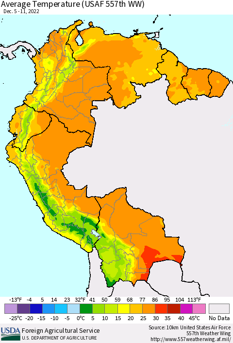 Northern South America Average Temperature (USAF 557th WW) Thematic Map For 12/5/2022 - 12/11/2022