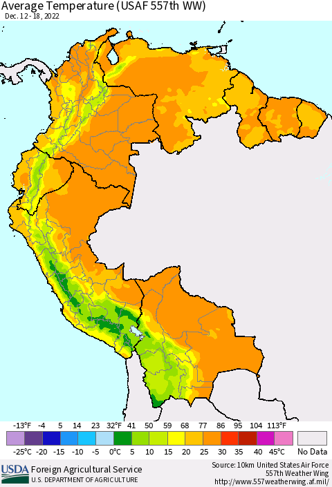 Northern South America Average Temperature (USAF 557th WW) Thematic Map For 12/12/2022 - 12/18/2022