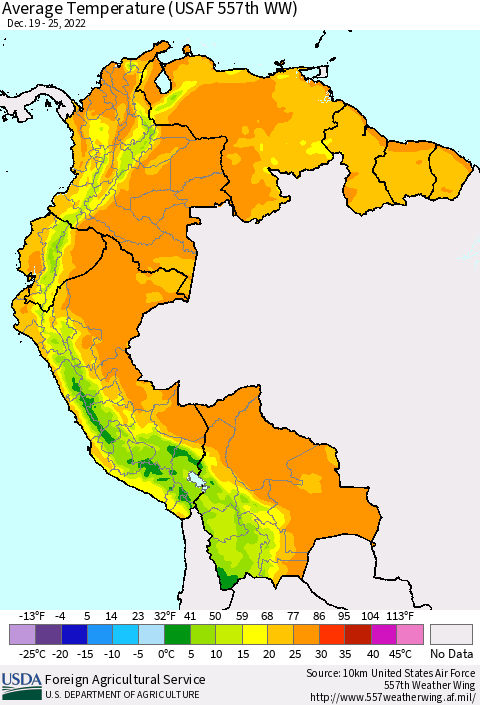 Northern South America Average Temperature (USAF 557th WW) Thematic Map For 12/19/2022 - 12/25/2022