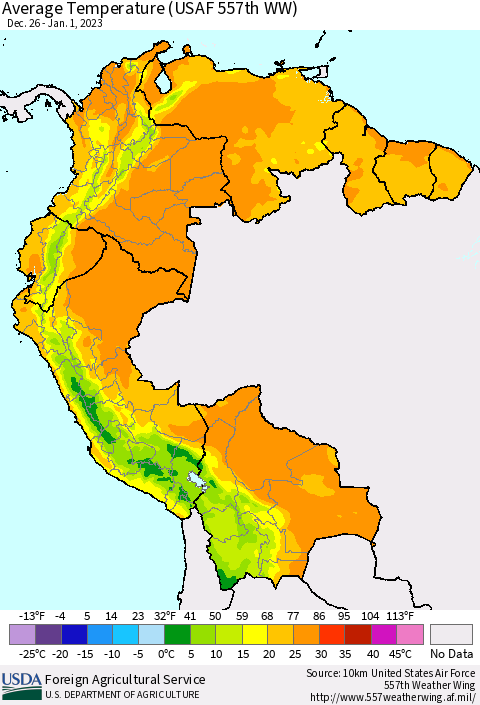 Northern South America Average Temperature (USAF 557th WW) Thematic Map For 12/26/2022 - 1/1/2023