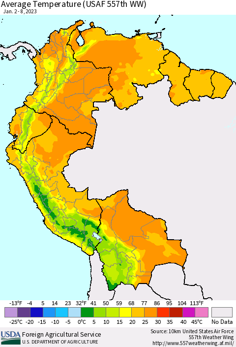 Northern South America Average Temperature (USAF 557th WW) Thematic Map For 1/2/2023 - 1/8/2023