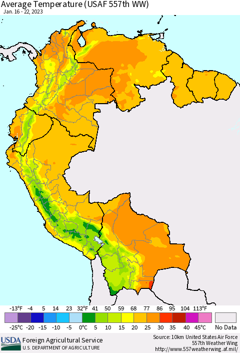 Northern South America Average Temperature (USAF 557th WW) Thematic Map For 1/16/2023 - 1/22/2023