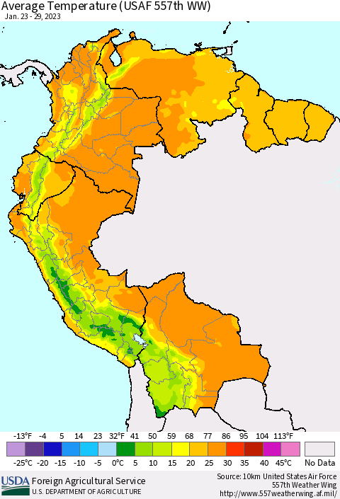 Northern South America Average Temperature (USAF 557th WW) Thematic Map For 1/23/2023 - 1/29/2023