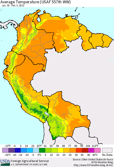 Northern South America Average Temperature (USAF 557th WW) Thematic Map For 1/30/2023 - 2/5/2023