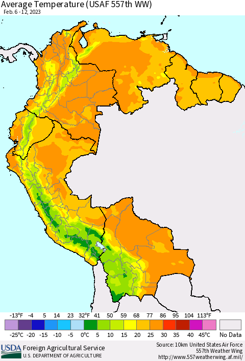 Northern South America Average Temperature (USAF 557th WW) Thematic Map For 2/6/2023 - 2/12/2023