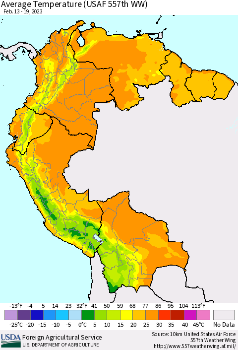 Northern South America Average Temperature (USAF 557th WW) Thematic Map For 2/13/2023 - 2/19/2023