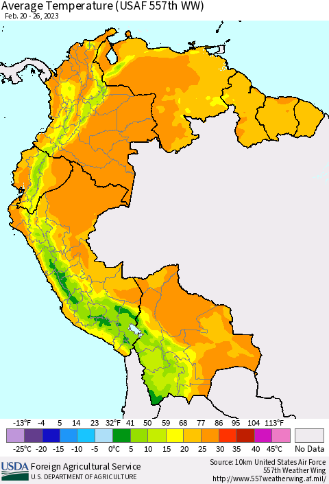 Northern South America Average Temperature (USAF 557th WW) Thematic Map For 2/20/2023 - 2/26/2023