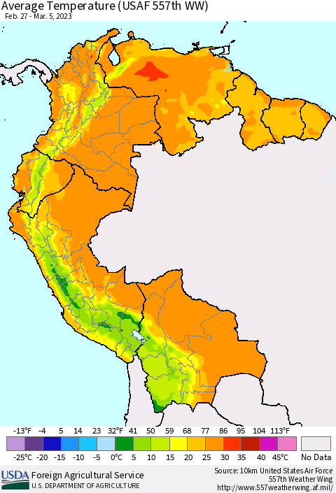 Northern South America Average Temperature (USAF 557th WW) Thematic Map For 2/27/2023 - 3/5/2023